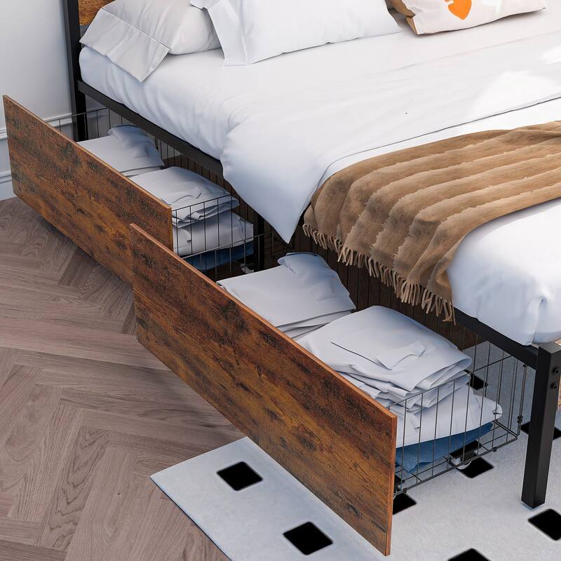 VECELO Upholstered Platform Bed Frame with 4 Storage Drawers, Full/Queen Size