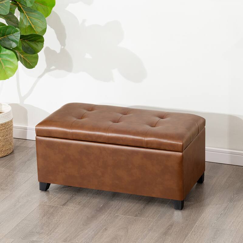 Adeco 31" Faux Leather Tufted Storage Ottoman Bench - 30.7"X15.5"X15.1"