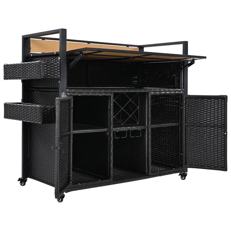 Grill Cart Rolling Kitchen Island Cart Wicker Storage Cabinet Prep Table