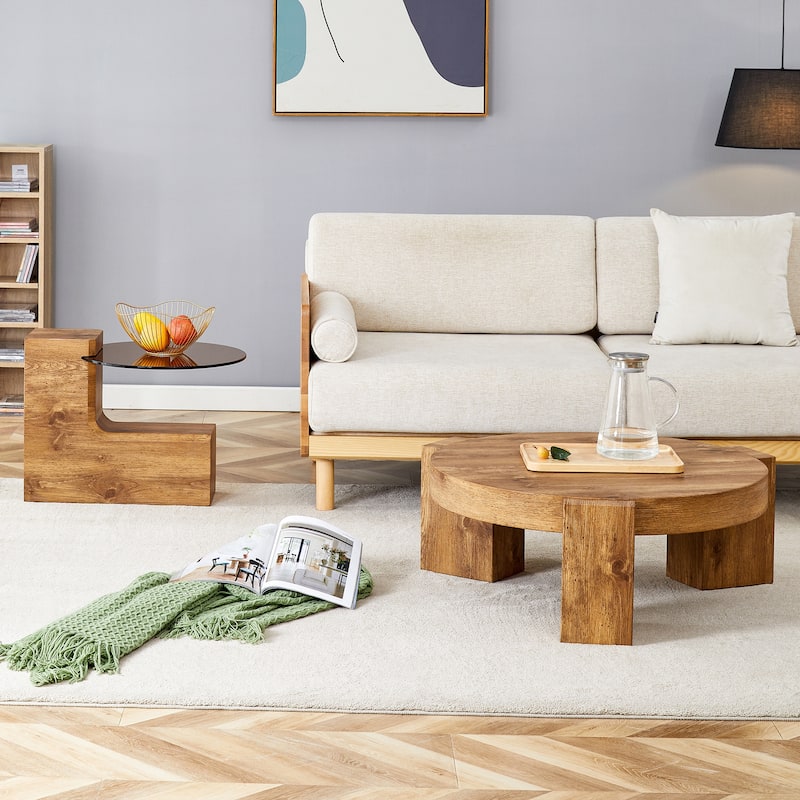 Double-Layer Round Coffee Table, Transparent Glass Top with L-Shaped Legs, Detachable Design Modern Center Table