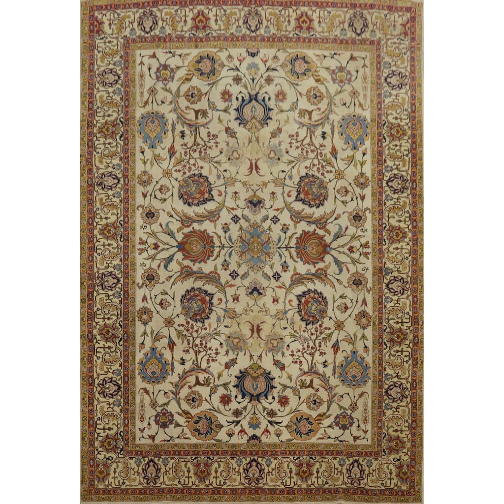 Hand Knotted Oriental 100% Wool Carpet Traditional Floral Beige & Ivories Tabriz Area Rug - 13' 7'' X 10' 4''