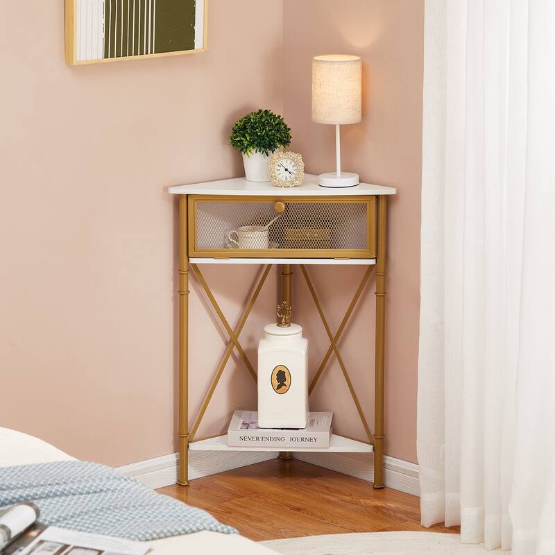 Javlergo Corner Table with Drawer and Storage Shelf, Triangle Freestanding Floor Cabinet for Kitchen, Living Room and Bedroom