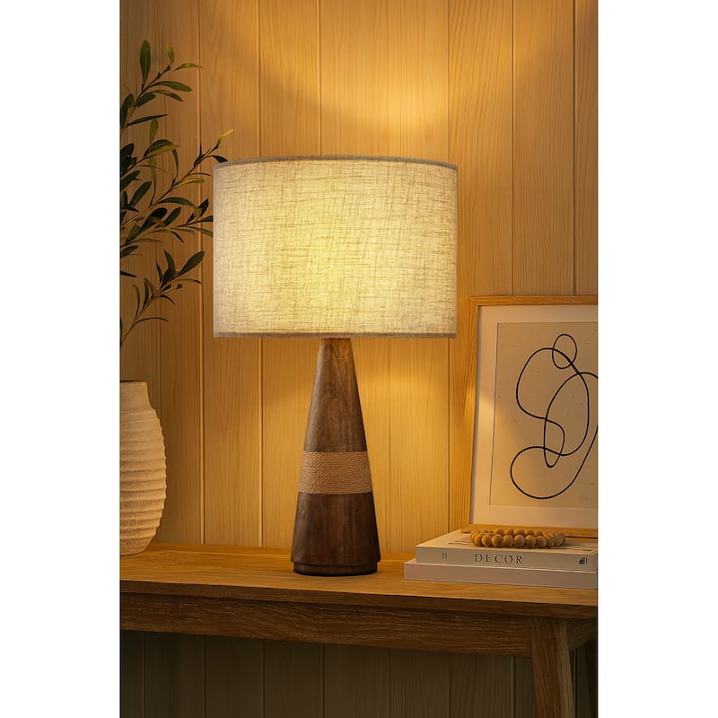 28'' Farmhouse Honey Brown Wood Bedside Table Lamp Classic Dome Beige Fabric Shape Nightstand Lamp for Bedroom, Living Room
