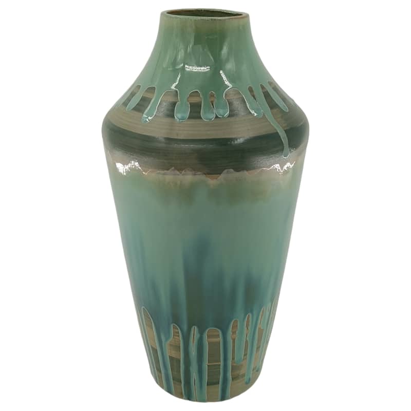 Ceramic Stoneware Decorative Vase with Glossy Drip Glaze Finish - Green/ Blue - 8" x 8" x 16"
