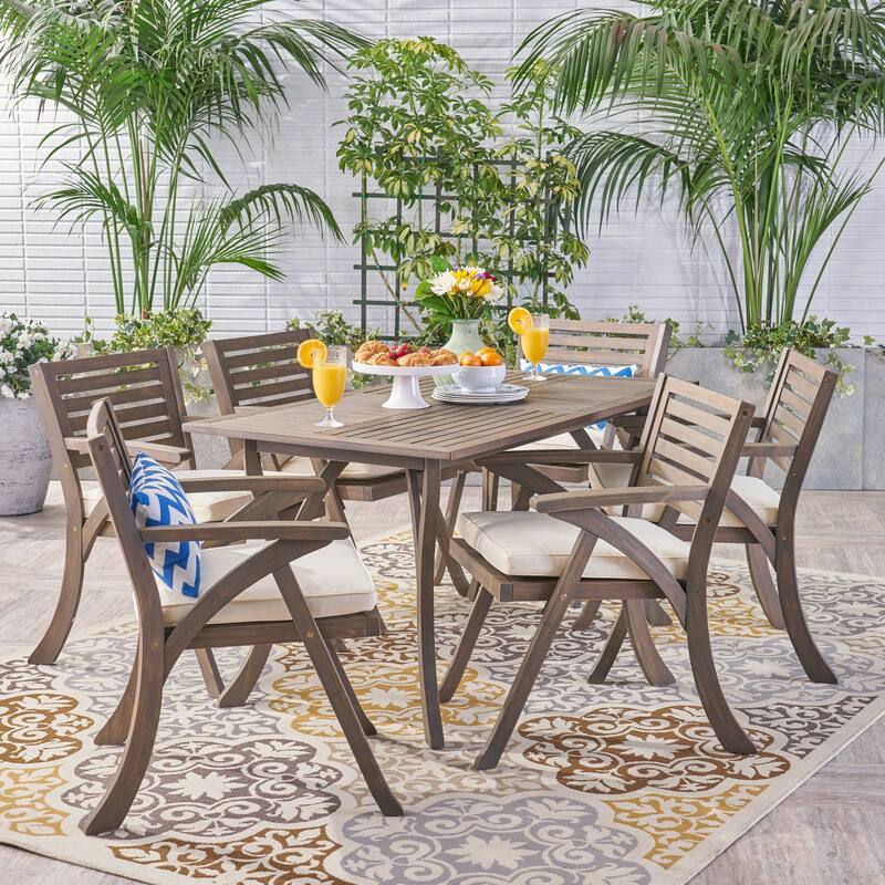 Hermosa 7 Piece Acacia Wood Dining Set by Christopher Knight Home - grey finish + cream