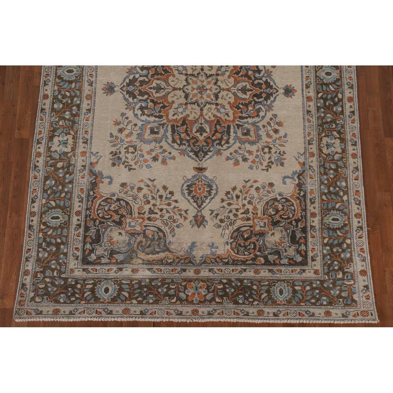 Hand Knotted Oriental 100% Wool Carpet Traditional Floral Beige & Ivories Tabriz Area Rug - 9' 8'' X 6' 5''