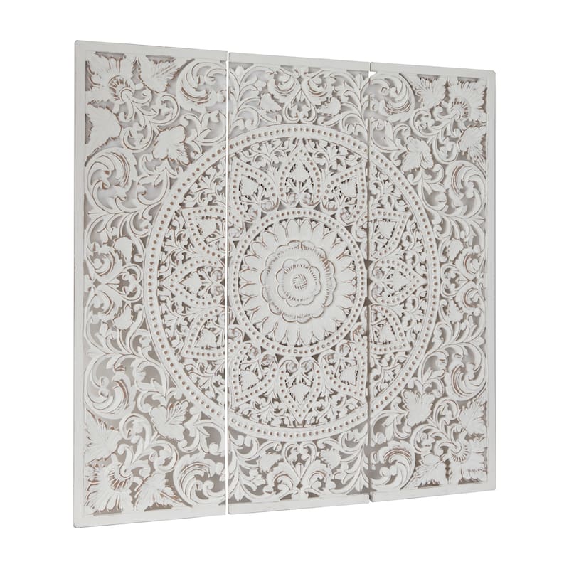 Wooden Handmade Intricately Carved Floral Wall Decor with Mandala Design (Set of 3) - Brown or White