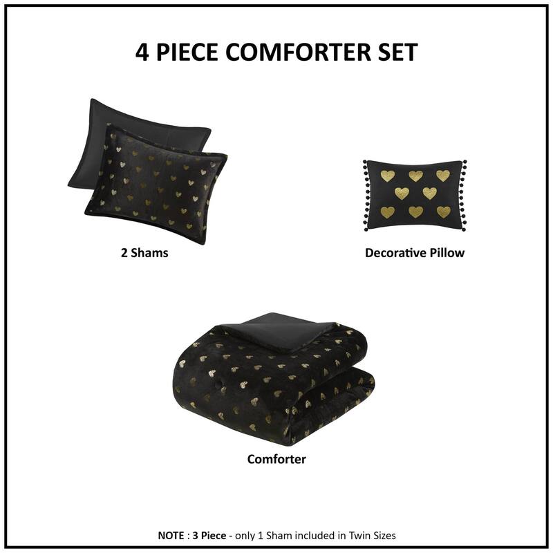 3 PCS Twin/Twin XL Metallic Printed Plush Comforter Set with Throw Pillow Black/Gold