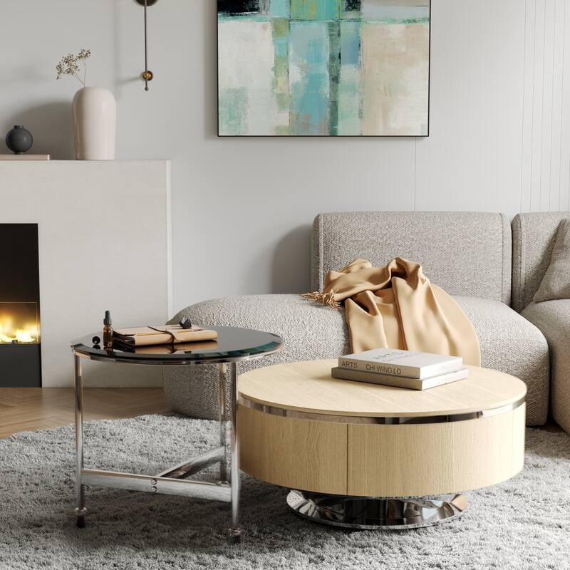 Nesting Coffee Table Set with End Table Round Coffee Table with 2 Storage Drawers