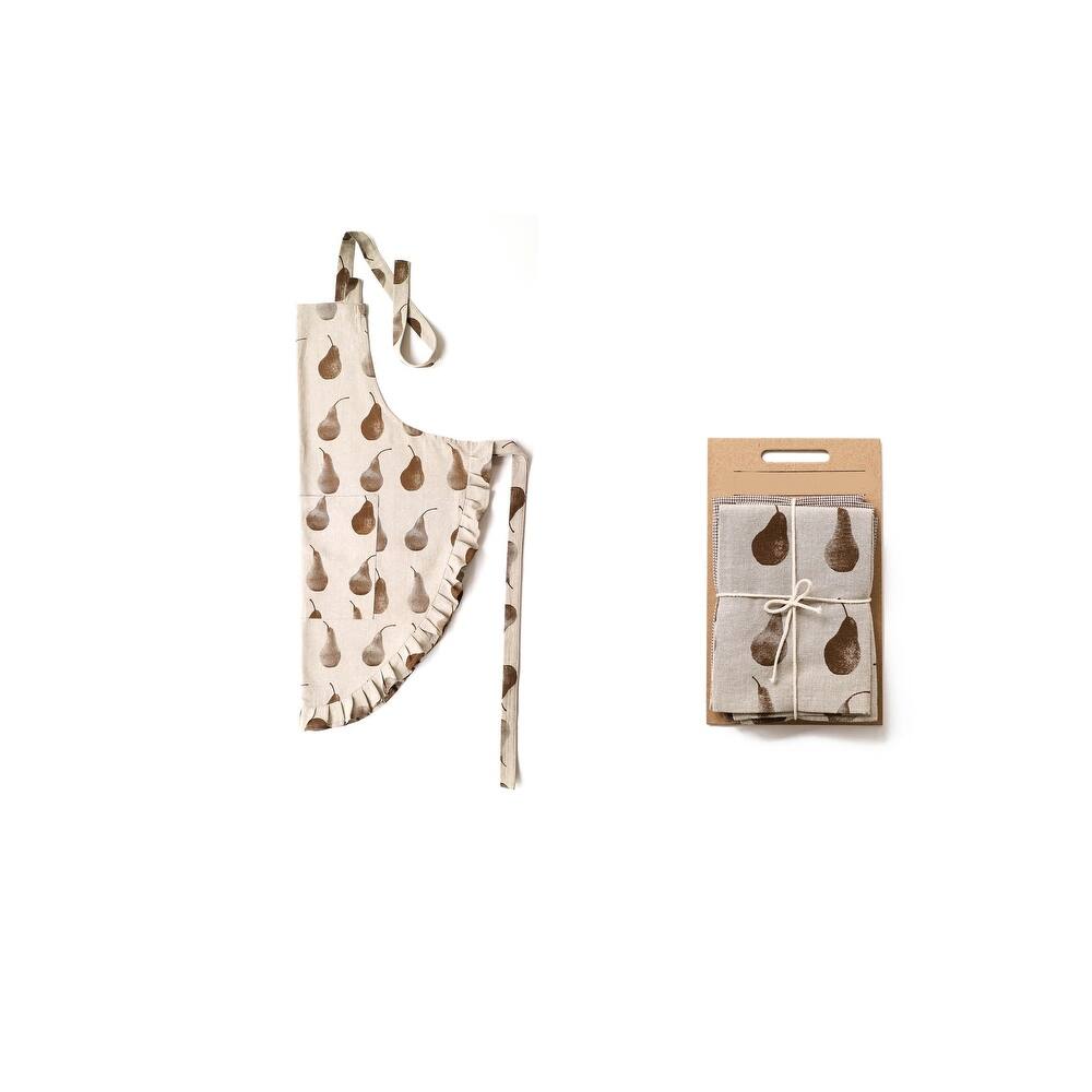 Set of Dark Green Pear Patterned Apron with Matching Tea Towels - 31"W x 1"D x 38" H