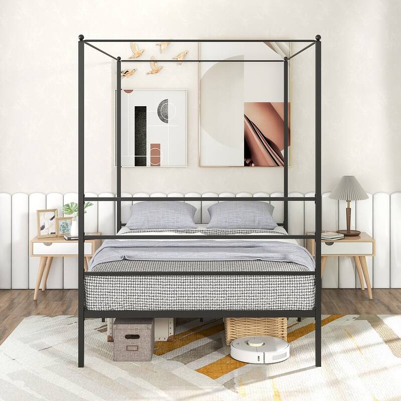 Gymax Twin/Full/Queen Metal Canopy Platform Bed Frame Mattress