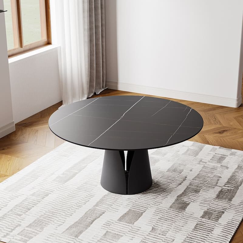 Modern Round White Dining Table，Sintered Stone Tabletop, Solid Black Carbon Steel Base