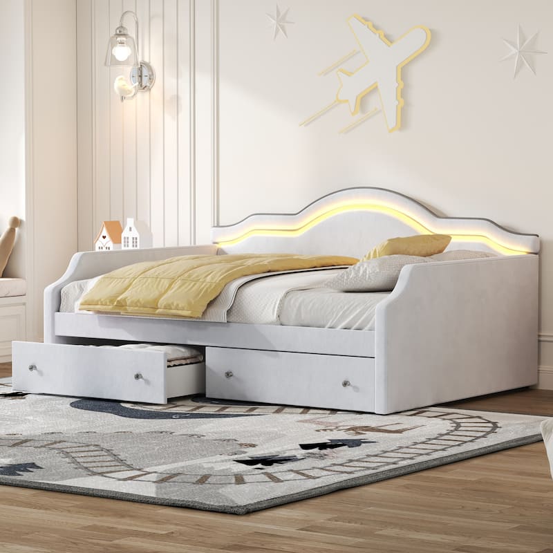 Full Size Upholstered Daybed with LED Lights and 2 Storage Drawers - Modern Fabric Sofa Bed - Beige