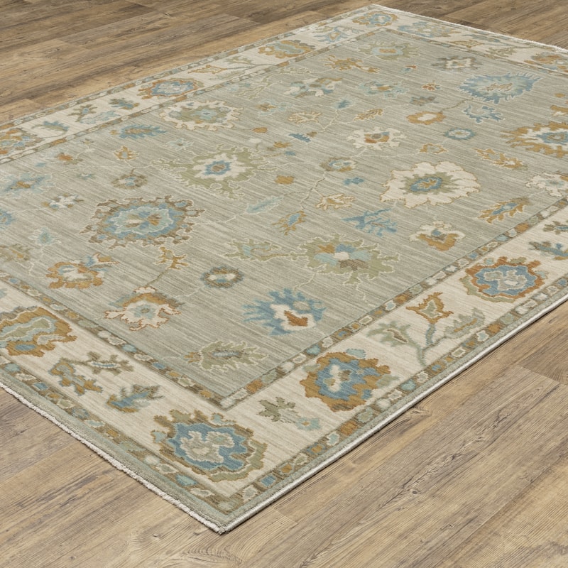 Meadow Bordered Oriental Grey/ Blue Area Rug