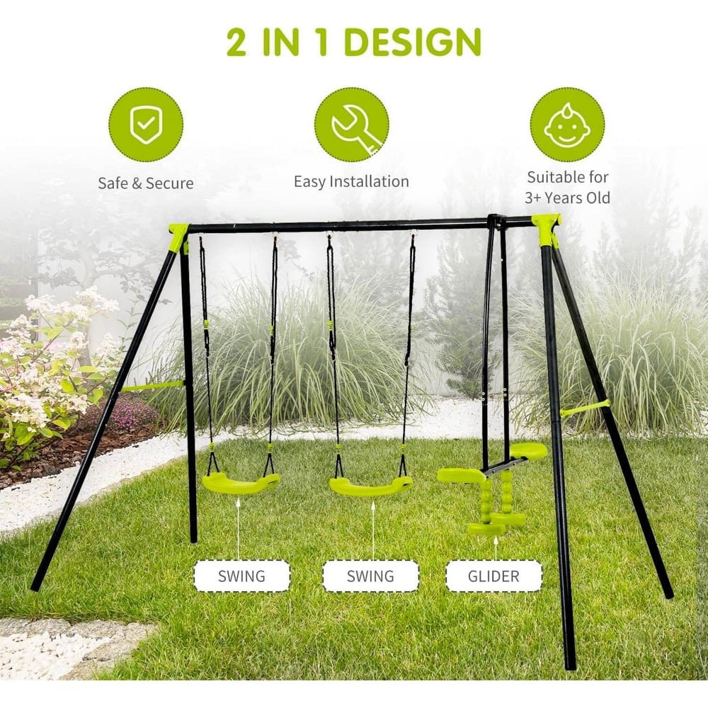 Outdoor Sturdy Metal Swing Set, Kids Play Equipment w/Three Seat Swing - N/A