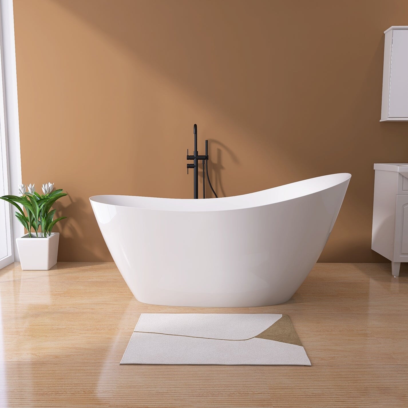 55 in. Acrylic Flatbottom Oval Freestanding Soaking Tub Non-Whirlpool Double-Slipper Bathtub in Gloss White
