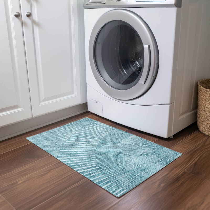 Machine Washable Indoor/ Outdoor Modern Fan Chantille ARug - Teal - 1'8" x 2'6"