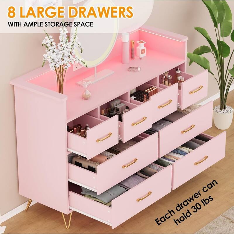 8 Drawer Dresser for Bedroom with LED Light, Charging Station & Open Shelf