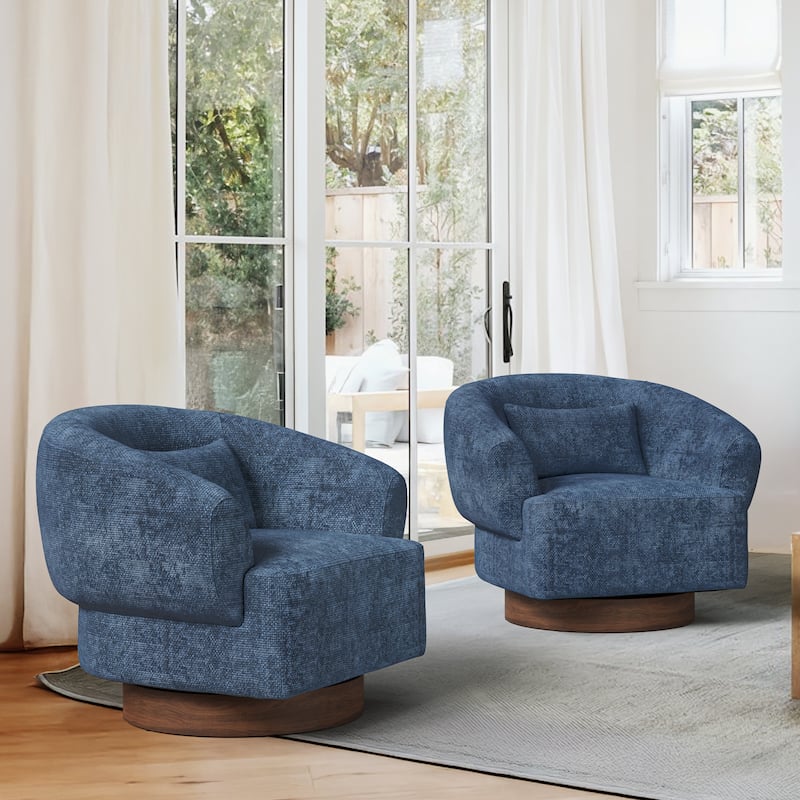 Set of 2 Chenille Upholstered Swivel Barrel Accent Chair with Solid Wood Base for Living Room - Dark Blue
