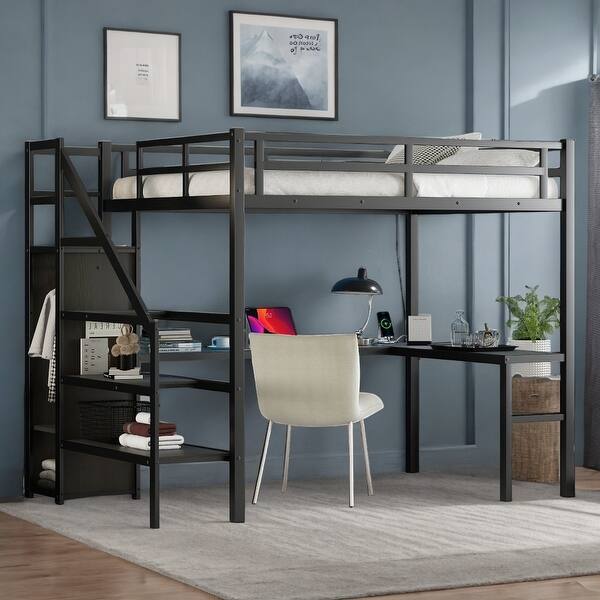 slide 2 of 10, Full Size Metal Loft Bed with Desk, USB, Wardrobe & LED Lights for Kids, Black Black