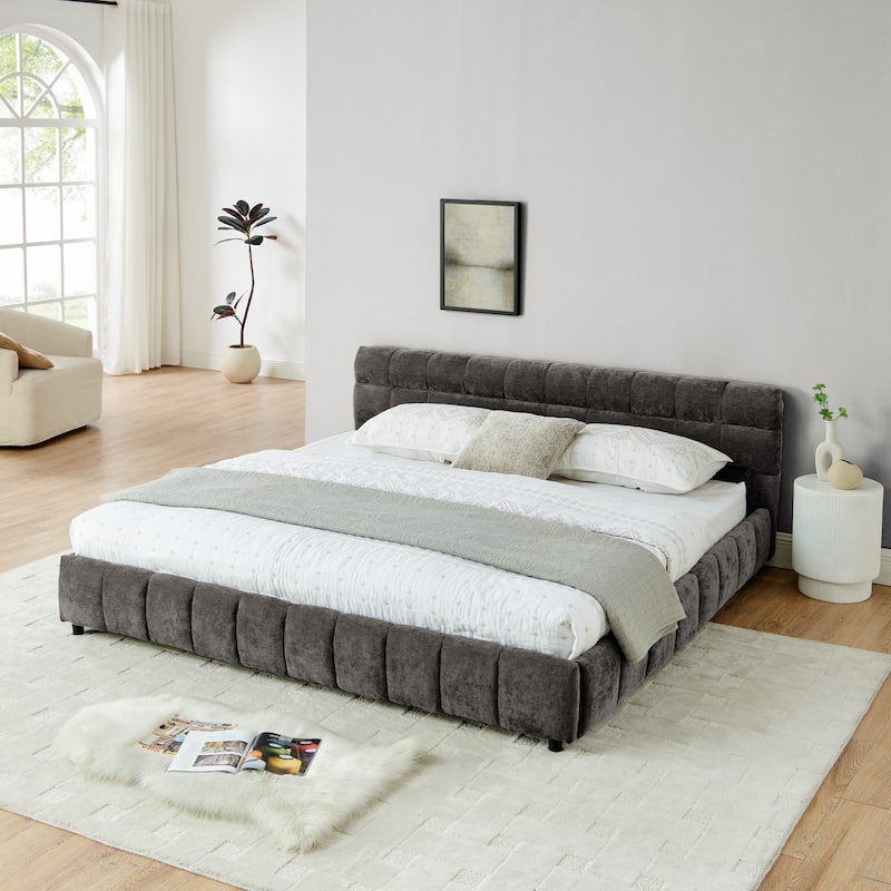 Block Thick Chenille Low Profile Platform Bed Fabric Upholstered Bedframe with Headboard Solid Wood Frame - Optional Storage Bed