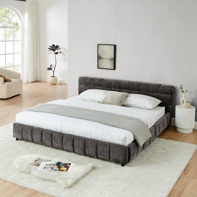 Modern King Size Upholstered Bed with Storage Drawers, Dark Gray