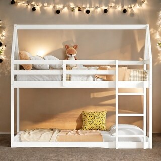 Low Height Design Twin over Twin Floor Bunk Bed Kids Bed with Ladder,Guardrails