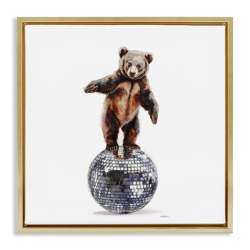 Stupell Bear Balancing on Disco Ball Framed Floater Canvas Wall Art Design By Amanda Greenwood - 18 x 18 - Gold