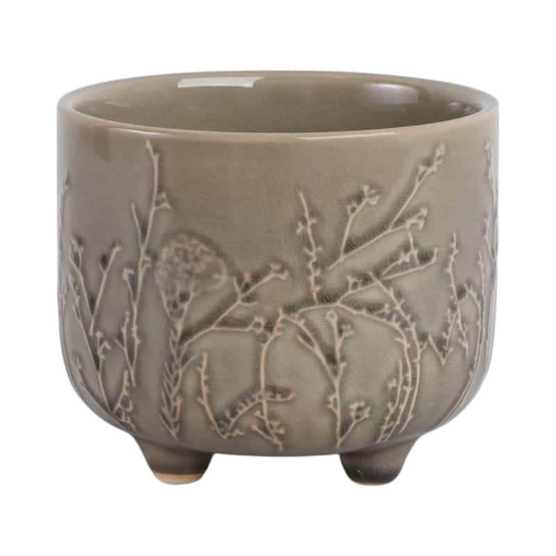 Ceramic Stoneware Planter with Raised Botanical Texture Footed Base - 6" x 6" x 5"