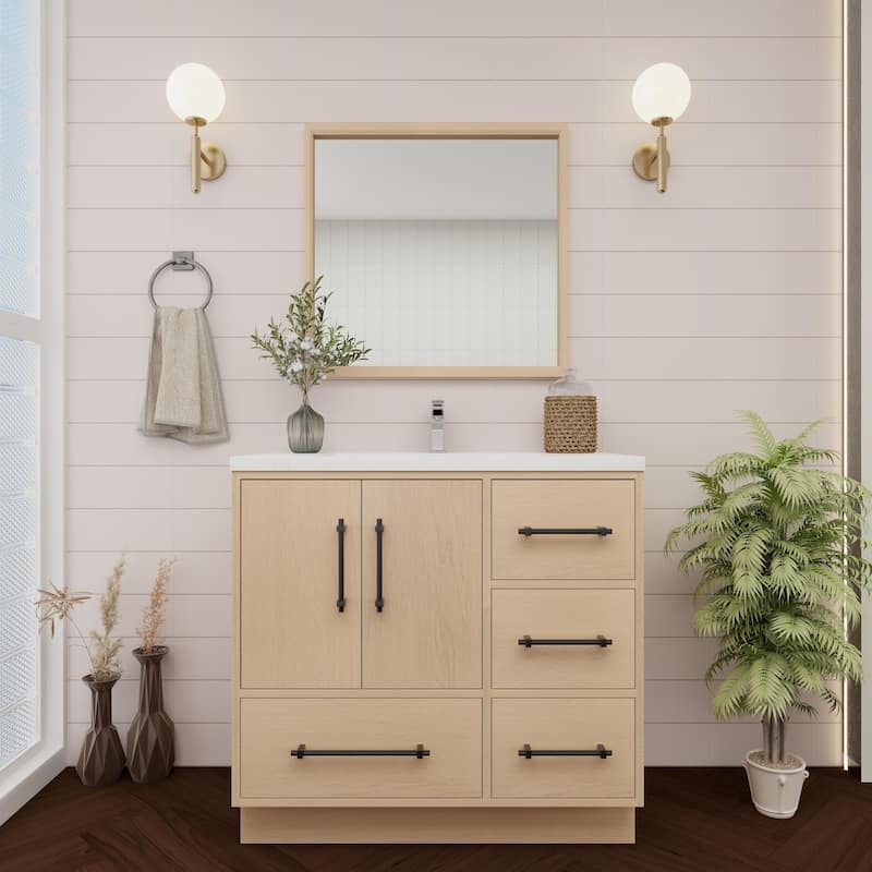 Victoria 36'' R Drawer Freestanding Vanity with Reinforced Acrylic Sink - 35.5 - Oak Finish - Yellow Oak
