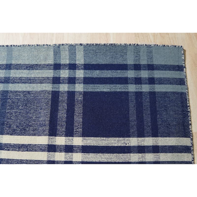 Home Decor EORC Hand-Woven Wool Plaid Rug, Blue Stylish and Durable Area Rug for Adding Comfort and Texture to Your Living Room
