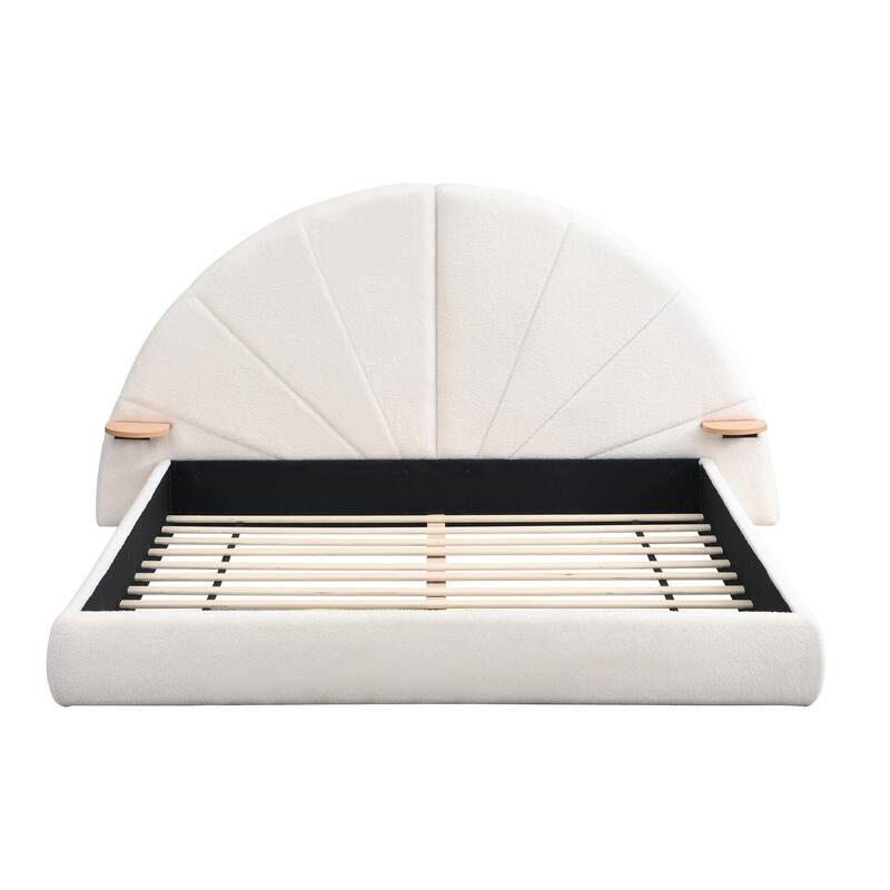 Queen Size Arched Boucle Bed with Side Table, Beige