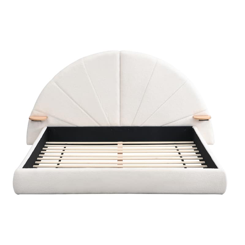 Queen Size Upholstered Bed, Beige Low Profile Boucle Bed Arched Headboard Wingback Bed with Small Table, Platform Bed