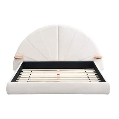 Unique Arched Boucle Grounding Bed Frame, Upholstered Platform Bed, Half Moon Shaped Headboard with 2 Small Table