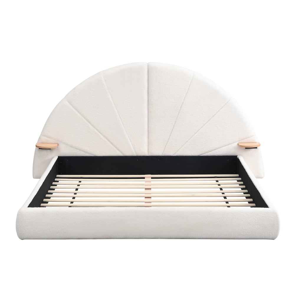 Unique Arched Boucle Grounding Bed Frame, Upholstered Platform Bed, Half Moon Shaped Headboard with 2 Small Table