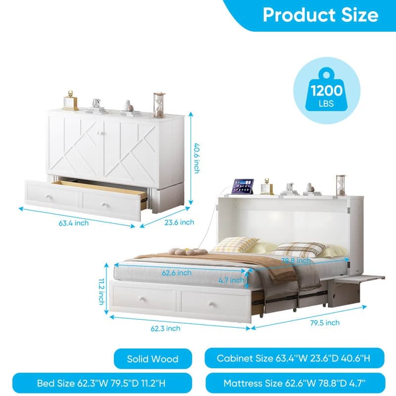 Mixoy Modern Queen Murphy Bed Chest with Mattress and USB ports