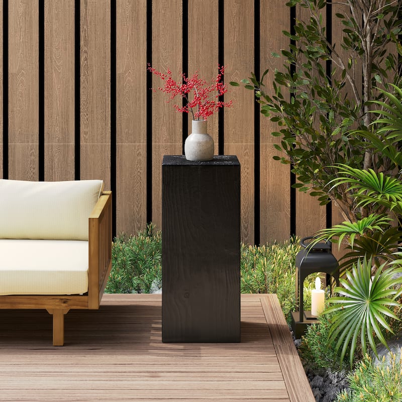 Distressed Wood-Effect End Table • Square Column Design in Multi-Height Set • Weather-Resistant for Indoor & Outdoor Decor - Black - Large Size