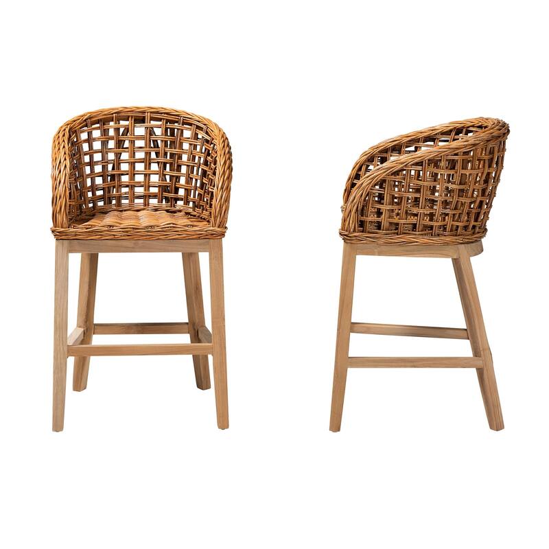 Mario Modern Bohemian Natural Brown Finished Teak Wood and Rattan 2-Piece Chair/ Stool Set
