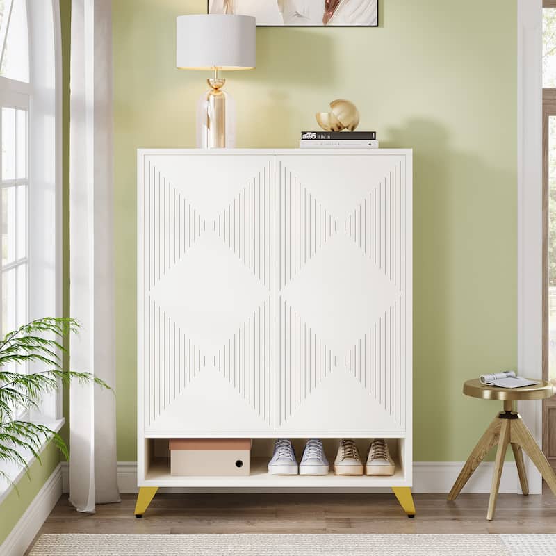 6-tier Modern Shoe Storage Cabinet with Doors for Entryway Living Room - White and Gold
