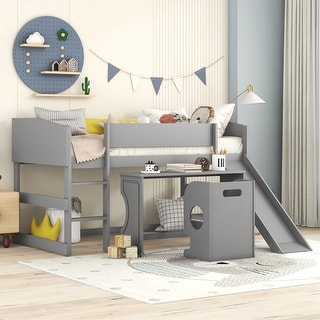 Low Study Twin Loft Bed with Rolling Portable Desk and Chair - Bed Bath ...