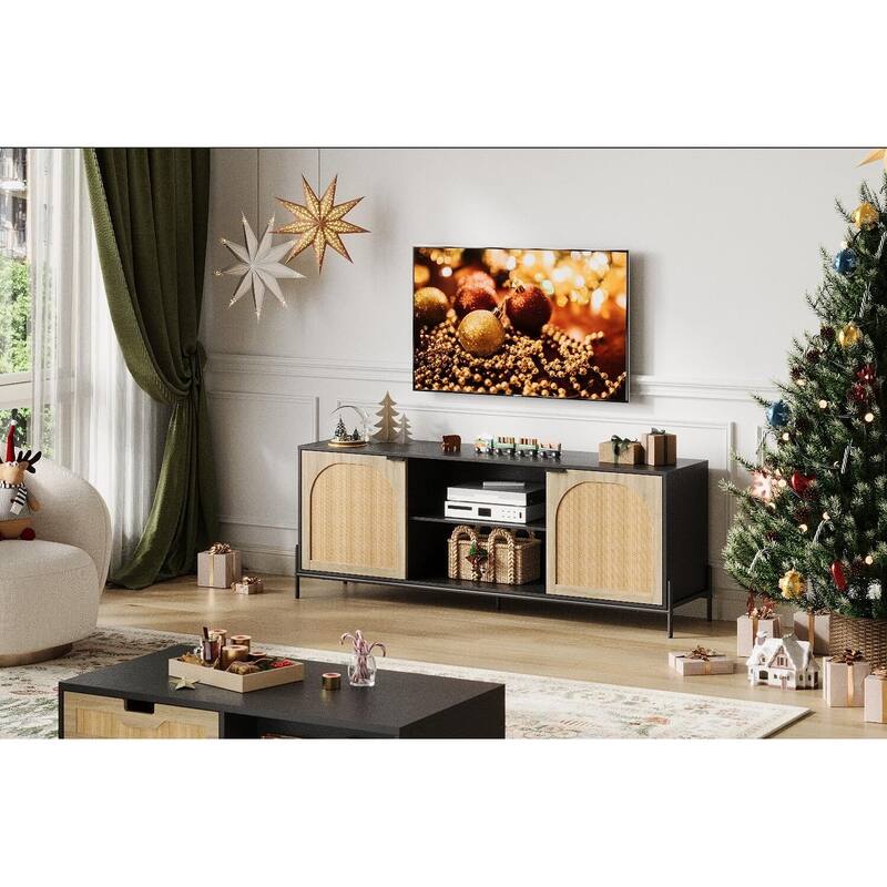 Rattan TV Stand for 65 Inch TV - Black_65"