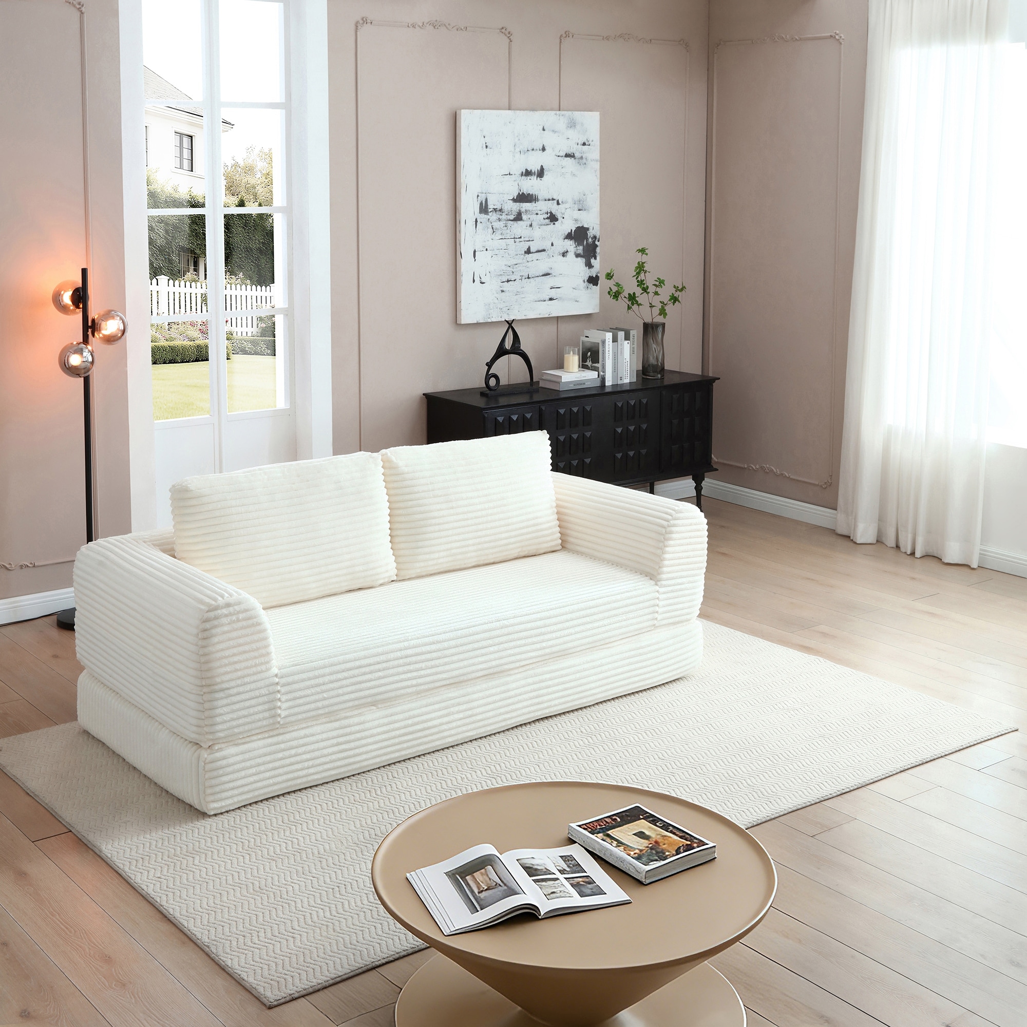 Minimalist Sofa Bed Beige Sleeper Sofa Couch with 2 Pillows, 3-Seater Sofa Couch with Armrests for Living Room