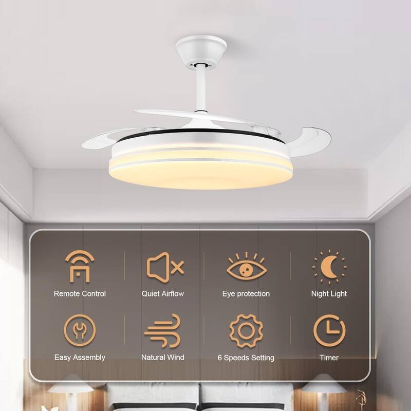 42 Inch Retractable Ceiling Fan Lights with LED Lighting, Smart Modern Ceiling Fan