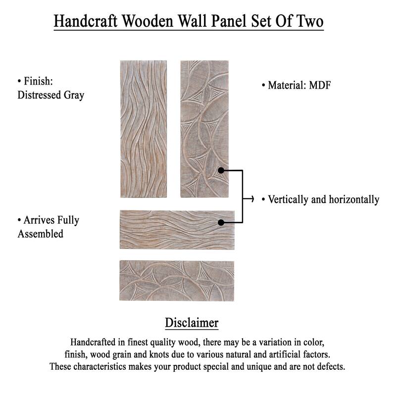 2pc Wood Wall Art Panels | 16x48 Inch Abstract Geometric and Wave Pattern Decor| Distressed Gray