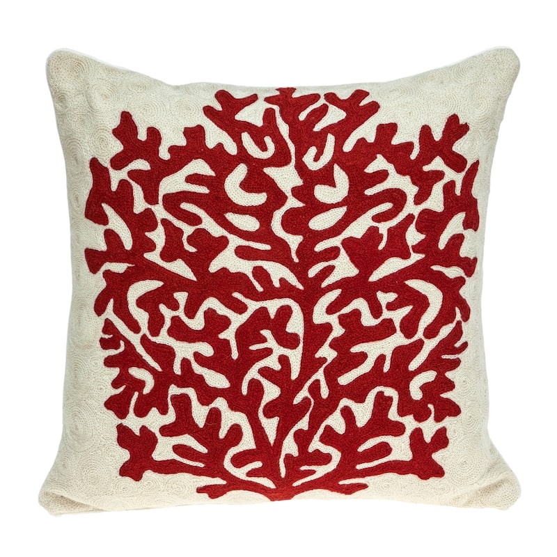 HomeRoots 20" Beige and Red Coastal Wool Throw Pillow With Embroidery