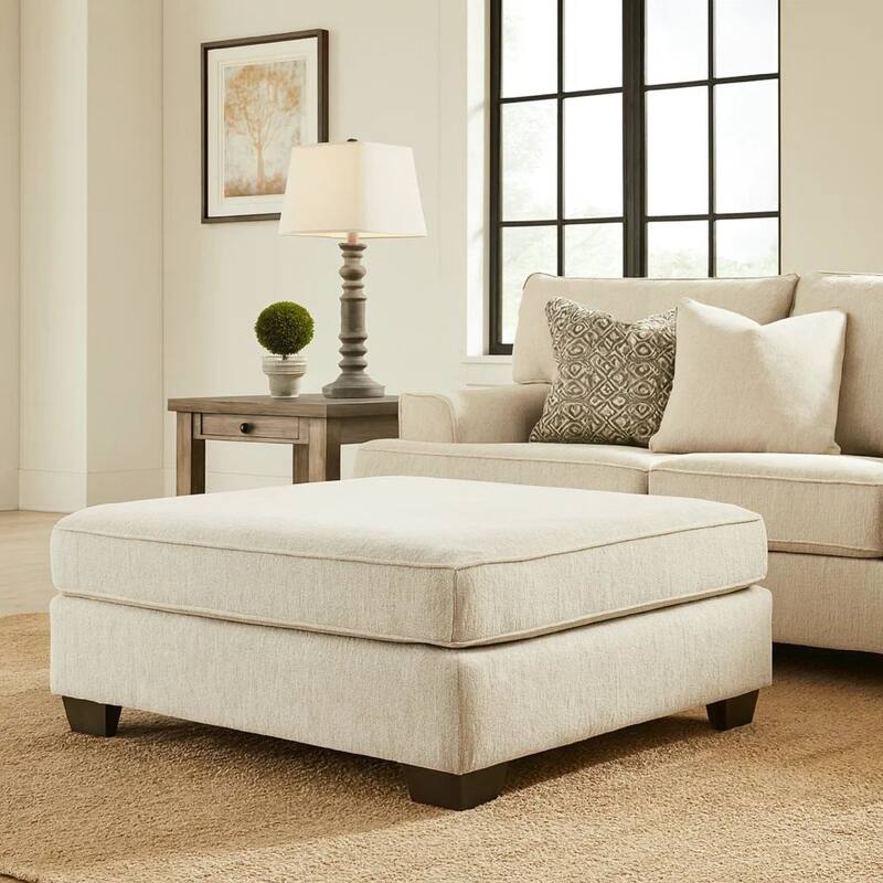 Fabric Upholstered Oversized Ottoman with Tapered Legs, Off White