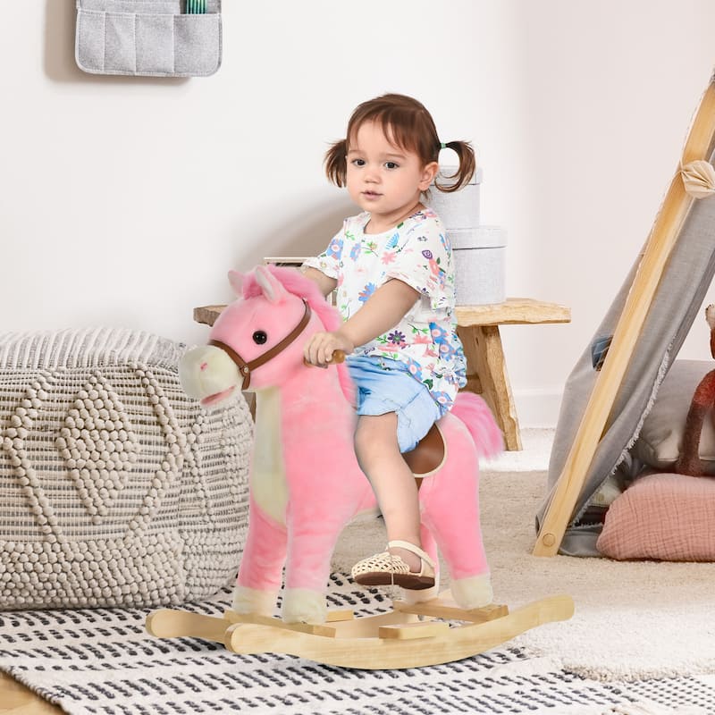 Plush Wooden Kids Rocking Horse with Padded Seat and Handles