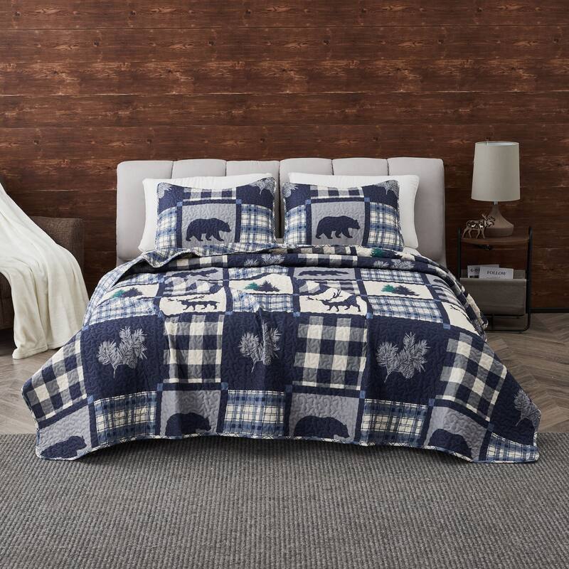 Premium Rustic Lodge All-Season Quilt Set - Navy / Grey - Twin