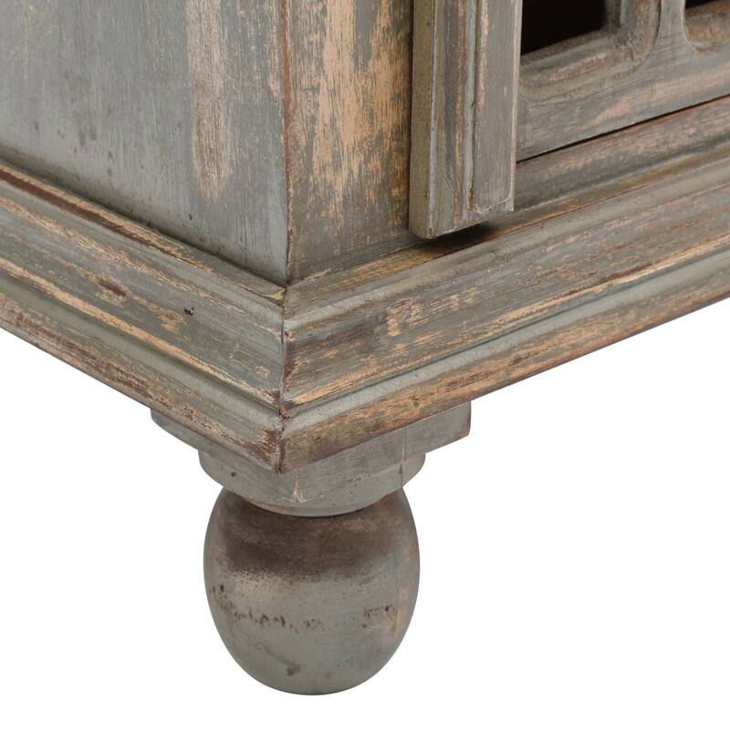 Antique Grey Wood Nightstand with Carved Pattern, Farmhouse Style