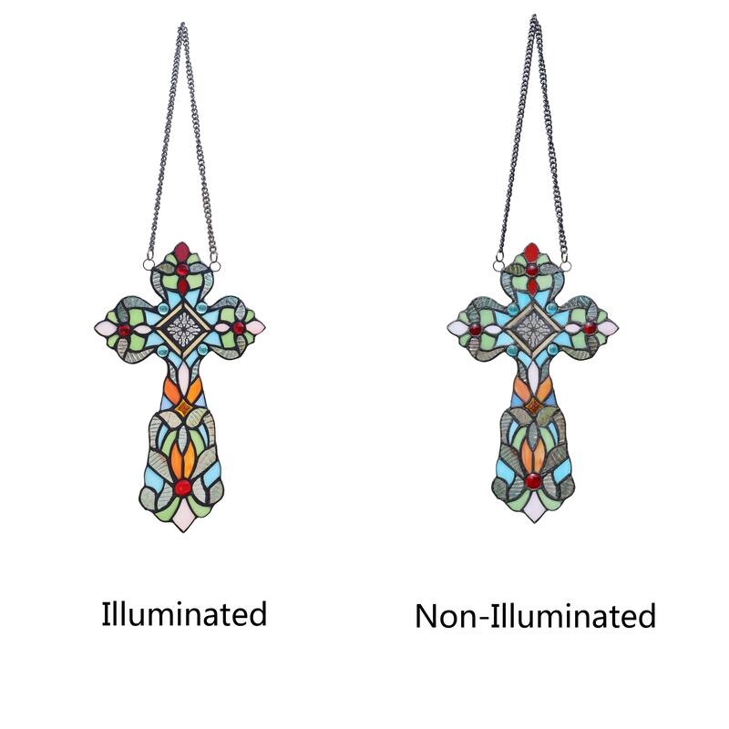 13" x 8" Victorian Design Cross Stained Glass Panel/ Suncatcher